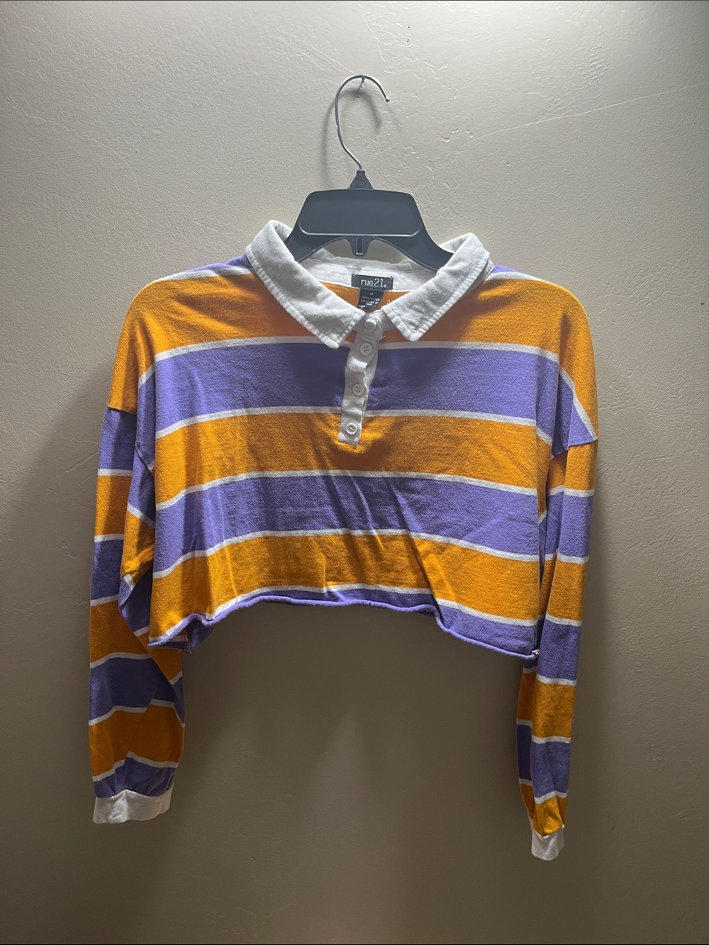 Rue21 Purple and Mustard Striped Cropped Polo Top